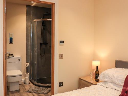a bathroom with a shower and a toilet and a bed at Pine Marten in Dornoch
