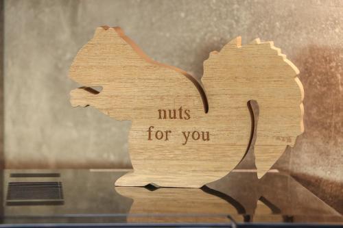 a piece of wood with the words nuts for you at Red Squirrel in Dornoch