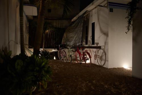 two bikes parked next to a building at night at Aljanna House in Bacalar