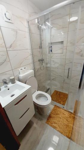 a white bathroom with a toilet and a shower at Kuca za odmor klet Šaban in Šiljakovina