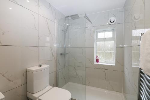 a bathroom with a toilet and a glass shower at 2A Kent Cottages in Reading