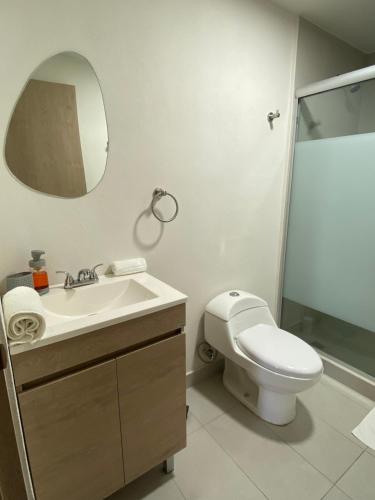 a bathroom with a toilet and a sink and a mirror at Lux 2 bedroom apartment, swimming pool, gym and free parking spot in Macro Plaza area in Monterrey