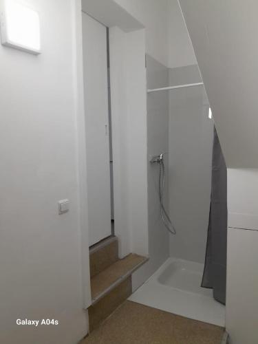 een witte badkamer met een douche en een trap bij The Boulevard Apartment in Brussel