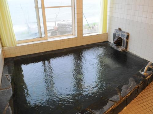 a pool of water in a room with two windows at Pension Arumeria in Wakkanai