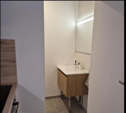 a bathroom with a sink and a mirror at Spacieux Studio in Mer