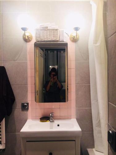 une personne prenant une photo d'un miroir de salle de bains dans l'établissement 2 PIECES COZY IN THE HEART OF PARIS, à Paris