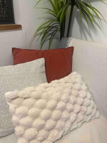 - une couverture blanche en bonneterie assise sur un canapé avec des oreillers dans l'établissement 2 PIECES COZY IN THE HEART OF PARIS, à Paris