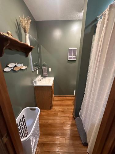 羅根的住宿－The Mockingbird，一间带水槽、镜子和淋浴的浴室