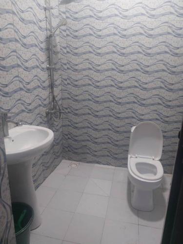 La salle de bains est pourvue de toilettes et d'un lavabo. dans l'établissement Castor, à Ziguinchor