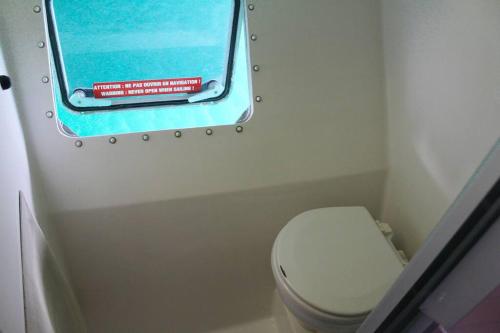 a small bathroom with a toilet and a window at Beau catamaran à la marina in Le Marin