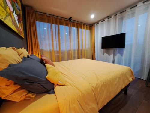 a bedroom with a bed and a flat screen tv at Le 7 in Vieille-Toulouse