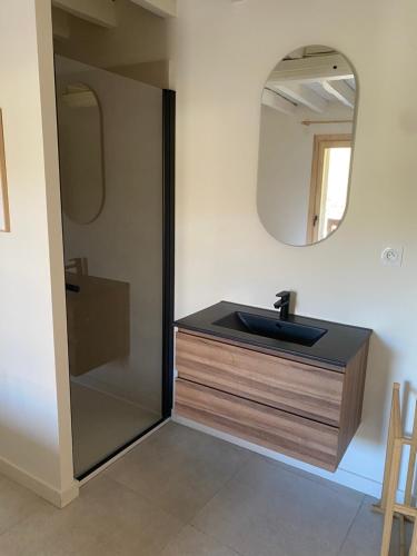 La salle de bains est pourvue d'un lavabo et d'un miroir. dans l'établissement Appartement avec vue et jardin, à Formiguères