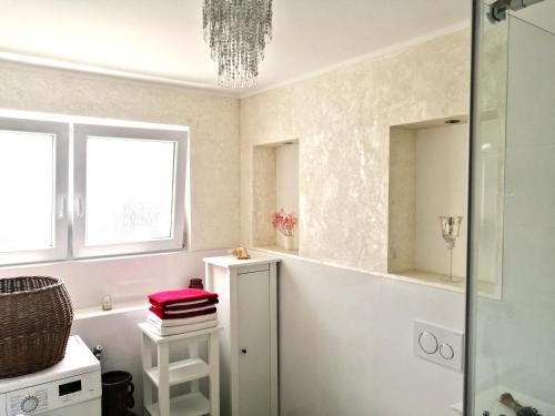 ガッゲナウにあるFerienwohnung Rotenfelsのシャワーと鏡付きのバスルーム