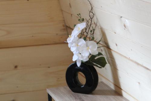 L'ERABLE - CABANE INSOLITE et COCOONING 2 personnes - CAMPING LE BEL AIR في Limogne-en-Quercy: مزهرية سوداء عليها زهور بيضاء على الحائط