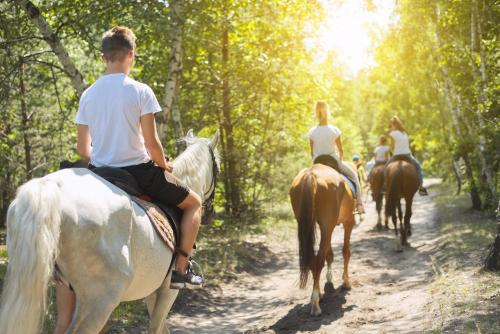 a group of people riding horses down a dirt road at Cozy Cabin: w/ Balcony, Pool Table, Fire pit & BBQ in Mineral Bluff