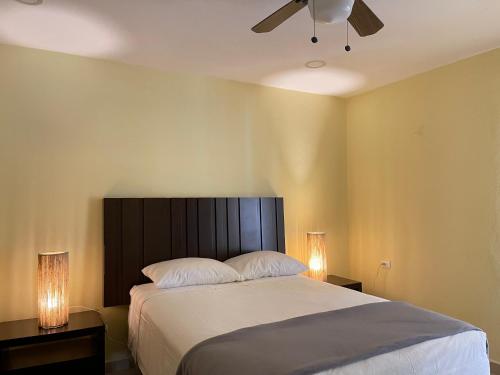 1 dormitorio con 1 cama grande y 2 lámparas en LELÁA A NAJ en Mérida