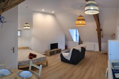een woonkamer met een bed, een bank en een tv bij Joli studio - proche de Chambord in Mer