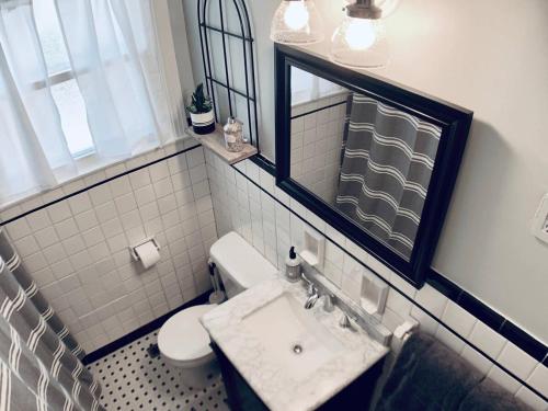 een badkamer met een wastafel, een spiegel en een toilet bij Fairgrounds Playground - WeHo - 1bd 1ba in Nashville