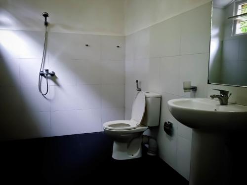 a bathroom with a toilet and a sink and a mirror at Surrey Bird Sanctuary & Holiday Resort in Welimada