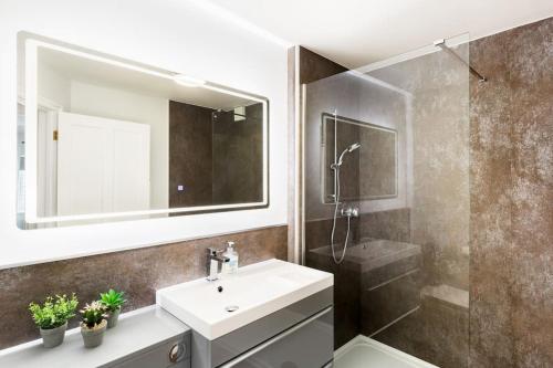 W łazience znajduje się umywalka, lustro i prysznic. w obiekcie Fabulous ground floor apartment. w mieście Great Malvern