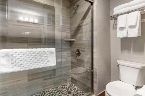 a bathroom with a toilet and a glass shower at Best Western Plus Vineyard Inn in Livermore
