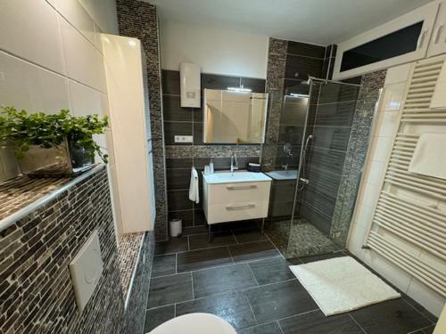 a bathroom with a toilet and a sink and a shower at Health and Spa by Doro Träum Ferienwohnungen Bad Bertrich in Bad Bertrich