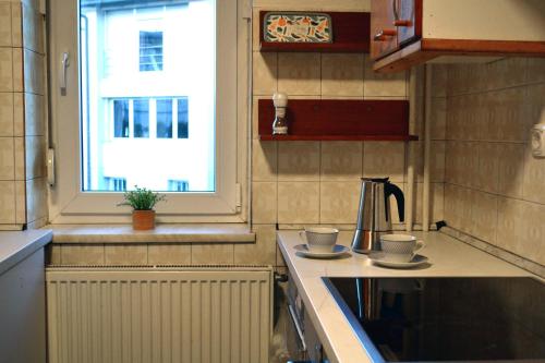 eine Küche mit zwei Tassen, einem Waschbecken und einem Fenster in der Unterkunft Gorazdova Guest House in Ljubljana