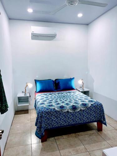a bedroom with a bed with blue pillows at Casajungla Hostel in Jacó