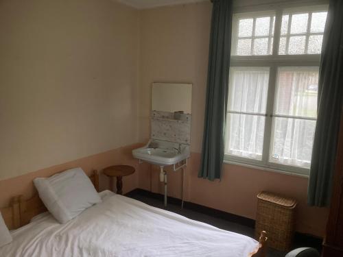 a bedroom with a bed and a sink and a window at Het werkhuis in Uden