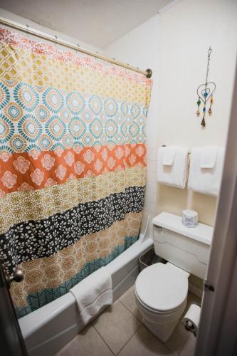 a bathroom with a shower curtain and a toilet at The Viking Lodge - Downtown Winter Park Colorado in Winter Park