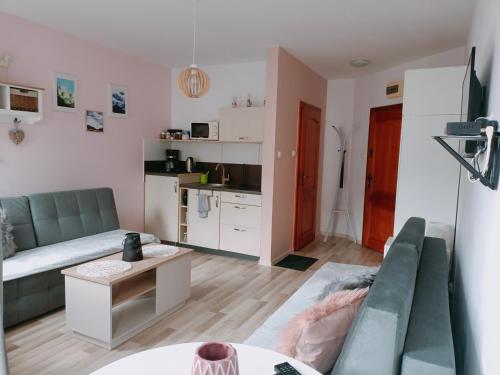 ein Wohnzimmer mit einem Sofa und einem Tisch in der Unterkunft Studio TERJANO in Karpacz