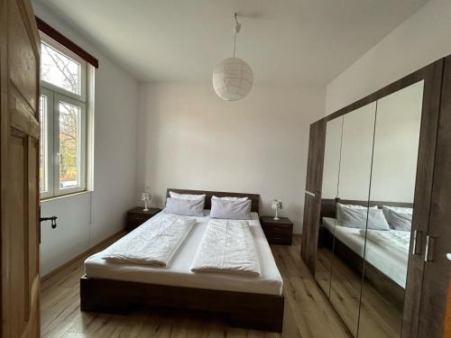 a bedroom with a large bed and a mirror at Ferienwohnung zur Silbertanne in Ilsenburg