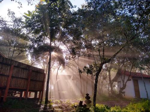 una casa con il sole che splende tra gli alberi di Hotel Cariguá a Barichara