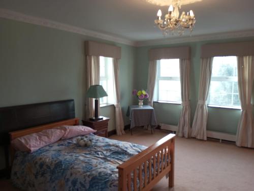 a bedroom with a bed and a chandelier and windows at Kiltubber House in Kinnegad