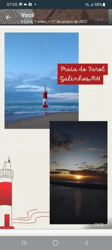 a collage of photos of a lighthouse and the ocean at Pousada Chalé Mar Rio 1° andar in Galinhos