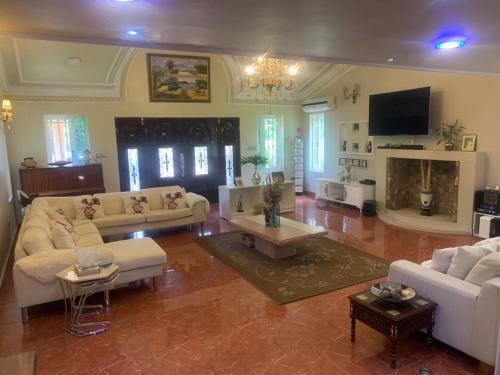 a large living room with couches and a fireplace at Ayonthoo! in Lilongwe