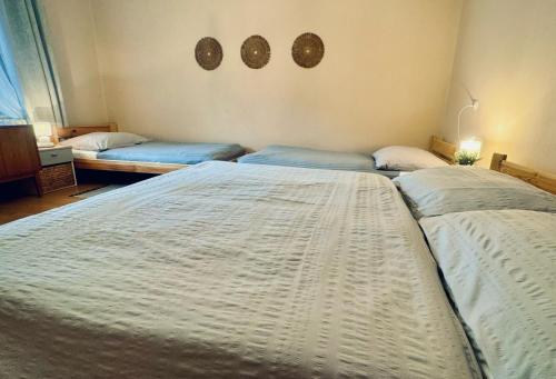 2 camas individuales en un dormitorio con 2 colchas en Apartmán vo vidieckom dome, en Malá Tŕňa