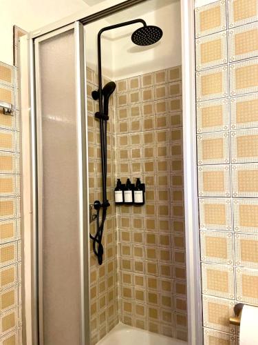 a shower in a bathroom with a glass shower backdoor at Gemütliche Dachgeschosswohnung in einem österreichischen Herrenhaus in Reith bei Kitzbühel