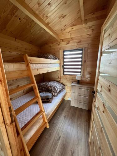 1 Schlafzimmer mit 2 Etagenbetten in einem Blockhaus in der Unterkunft Bałtyckie Klimaty in Gąski