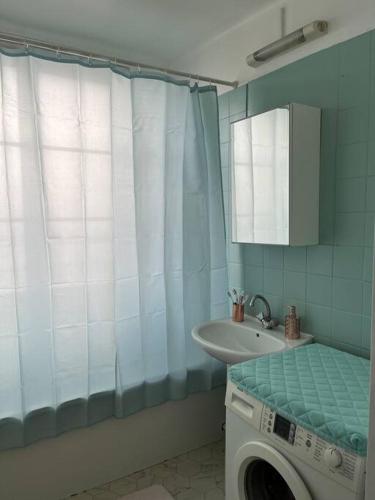 La salle de bains est pourvue d'un lave-linge et d'un lavabo. dans l'établissement Élégant appartement - Accor Arena Bercy, à Ivry-sur-Seine