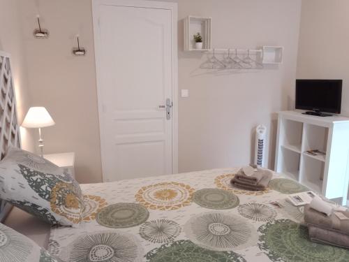 Cette chambre comprend un lit avec un oreiller et une télévision. dans l'établissement Le Funiculaire, au Tréport