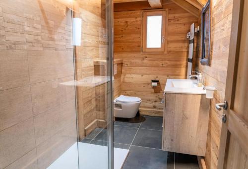 a bathroom with a shower and a toilet and a sink at Résidence Pramouton - Chalets pour 9 Personnes 591 in Le Mélézet