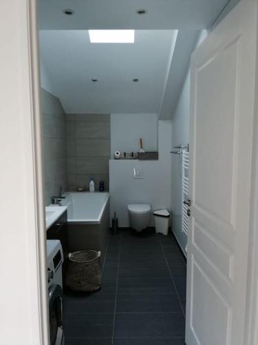 une salle de bain avec une baignoire, des toilettes et un lavabo dans l'établissement Maison entière au cœur des vignes des Trois Bacchantes !, à Saint-Étienne-la-Varenne