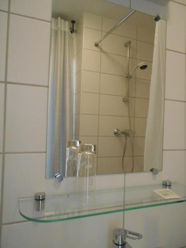 La salle de bains est pourvue d'une étagère en verre et d'une douche. dans l'établissement Hotel Du Jura, à Audincourt