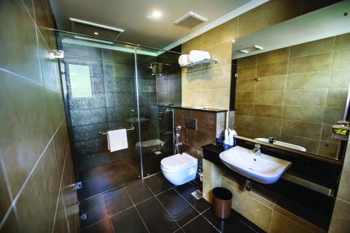 y baño con lavabo, aseo y ducha. en Fair View Hotel Colombo, en Colombo