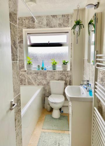 een badkamer met een toilet, een bad en een wastafel bij Purple dream double bedroom in Cheltenham