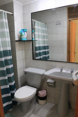 uma casa de banho com um WC, um lavatório e um espelho. em Hotel Garden Latorre em Iquique