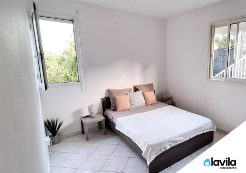 a bed in a white room with two windows at Les Hauts de Devarieux - Harmonie & Horizon in Garnier