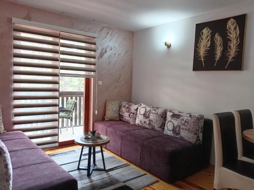 a living room with a purple couch and a window at Simic Apartmani Tara in Kaludjerske Bare