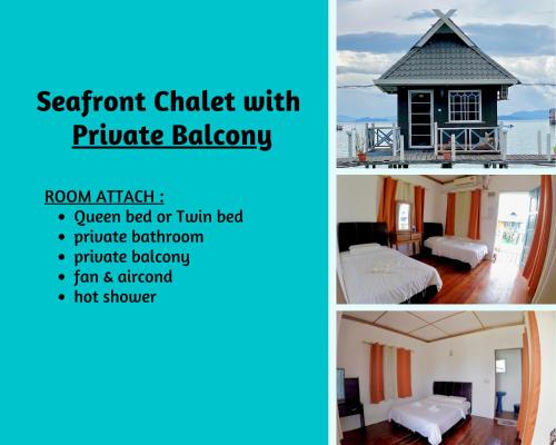 a collage of three pictures of a hotel room at BILLABONG SCUBA (B.S.D.S) in Pulau Mabul 